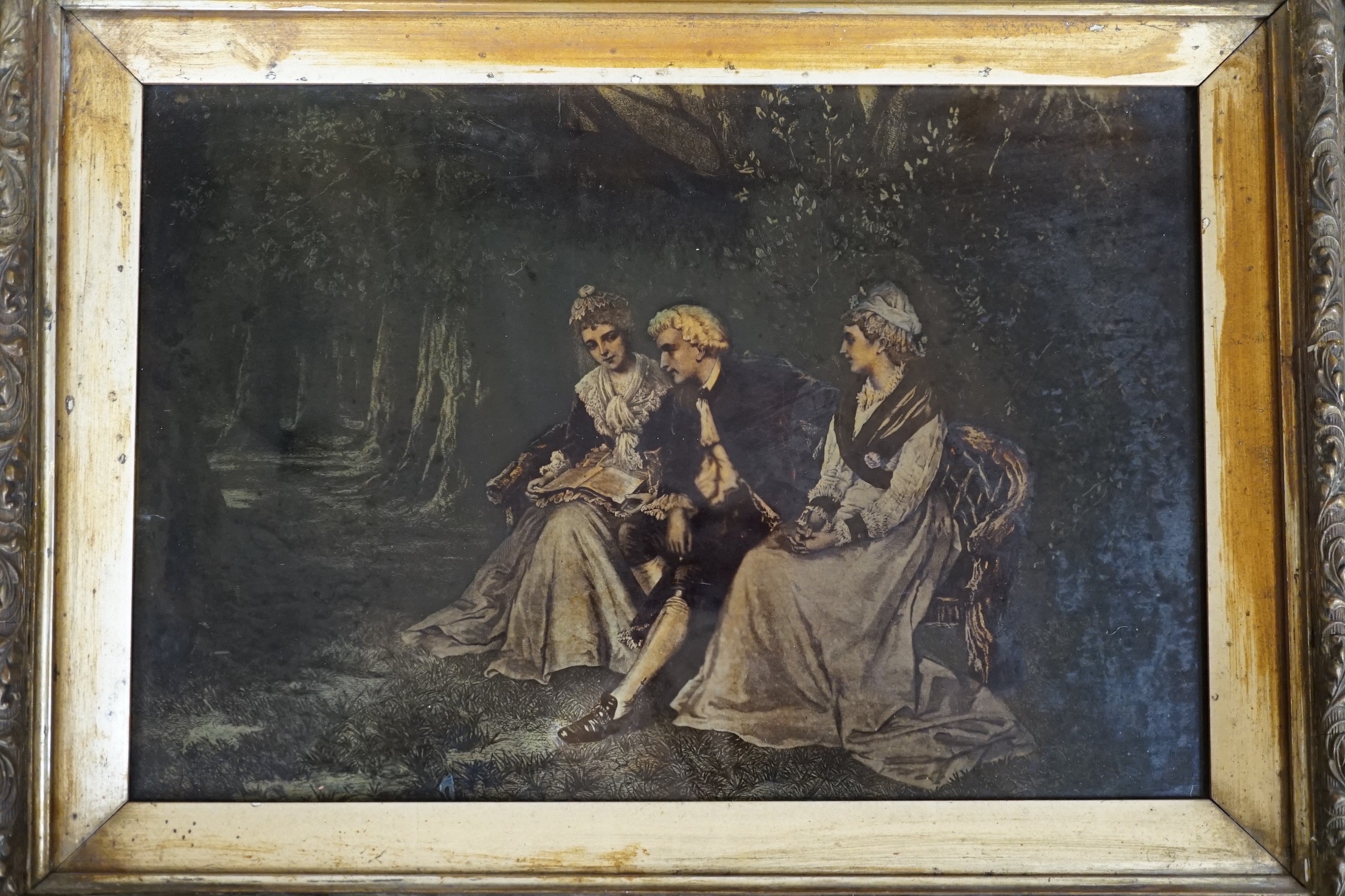 English School c.1900, two crystoleums, Tea in the garden and Lovers in woodland, 26 x 37cm